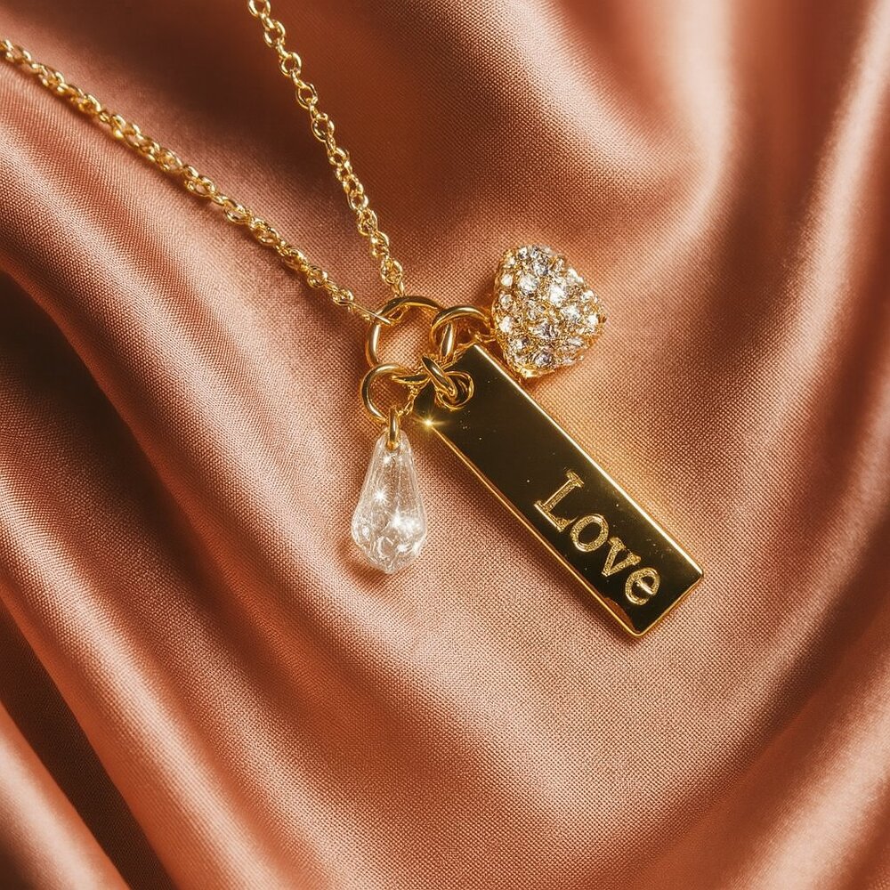 Romantic Gold-Tone Love Necklace, Crystal Heart & Teardrop Charm Pendant Jewelry